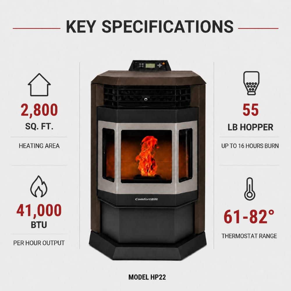 ComfortBilt 2,800 sq. ft. Pellet Stove with 55 lbs. Hopper in Bronze and Stainless Steel Trim HP22SS-Brown
