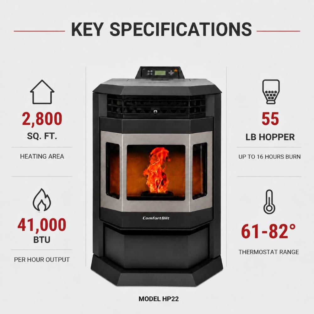 ComfortBilt 2,800 sq. ft. Pellet Stove with 55 lbs. Hopper in Black with Stainless Steel Trim HP22SS-Black