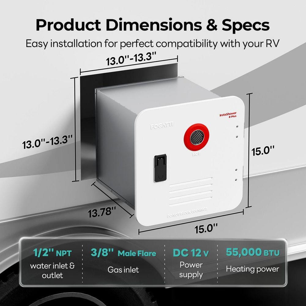 FOGATTI 55,000 BTU RV Propane Tankless Water Heater with White Door, 2.9 GPM, Remote Controller, 2-Years Warranty FS08B1SWD
