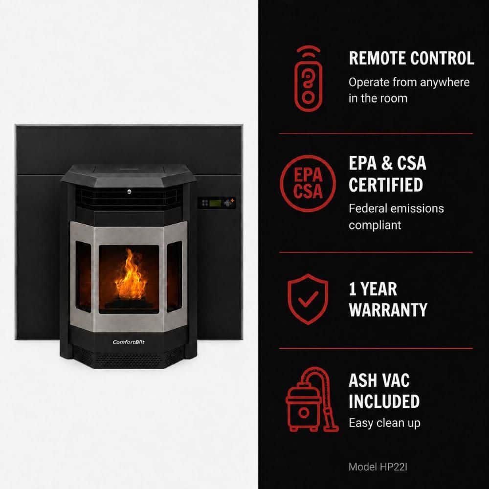 ComfortBilt 2,800 sq. ft Pellet Stove Fireplace Insert with a 47 lbs. Hopper in Black and Stainless Steel HP22i-SS