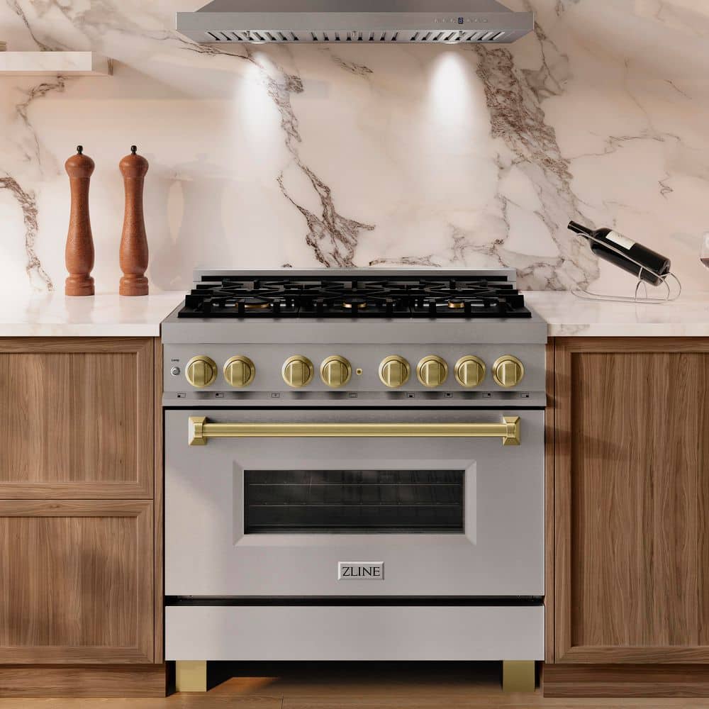 ZLINE Kitchen and Bath Autograph Edition 36 in. 6 Burner Dual Fuel Range in Stainless Steel and Champagne Bronze RAZ-36-CB