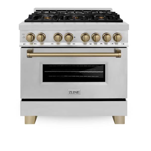 ZLINE Kitchen and Bath Autograph Edition 36 in. 6 Burner Dual Fuel Range in Stainless Steel and Champagne Bronze RAZ-36-CB