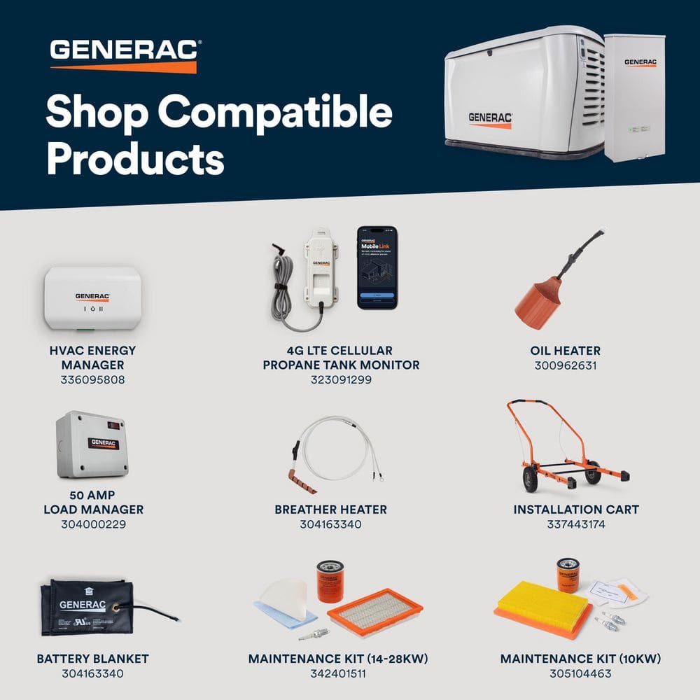 Generac 26kW Air-Cooled Auto Start Natural Gas or Propane Whole House Generator and 200 Amp Transfer Switch w/ Smart Monitoring 7328