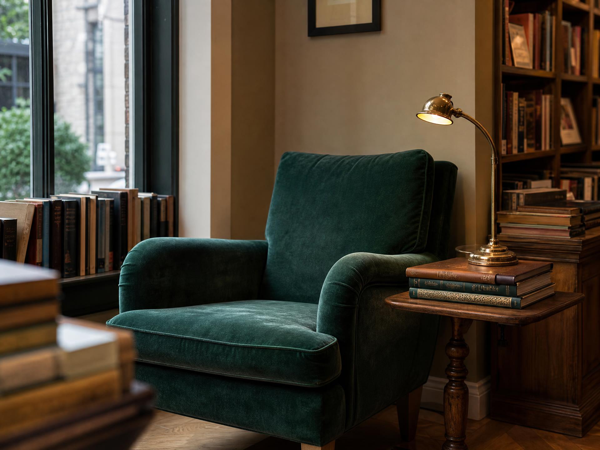 A photorealistic reading corner with a deep green velvet armchair, brass reading lamp, curated books, and warm natural light.
