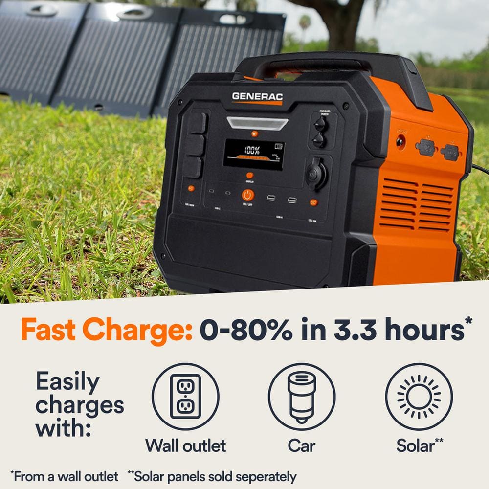 Generac 1600W Output / 3200 Peak 2106Wh Portable Battery Power Station with Push Button Start and Solar Charging - GB2000 8026