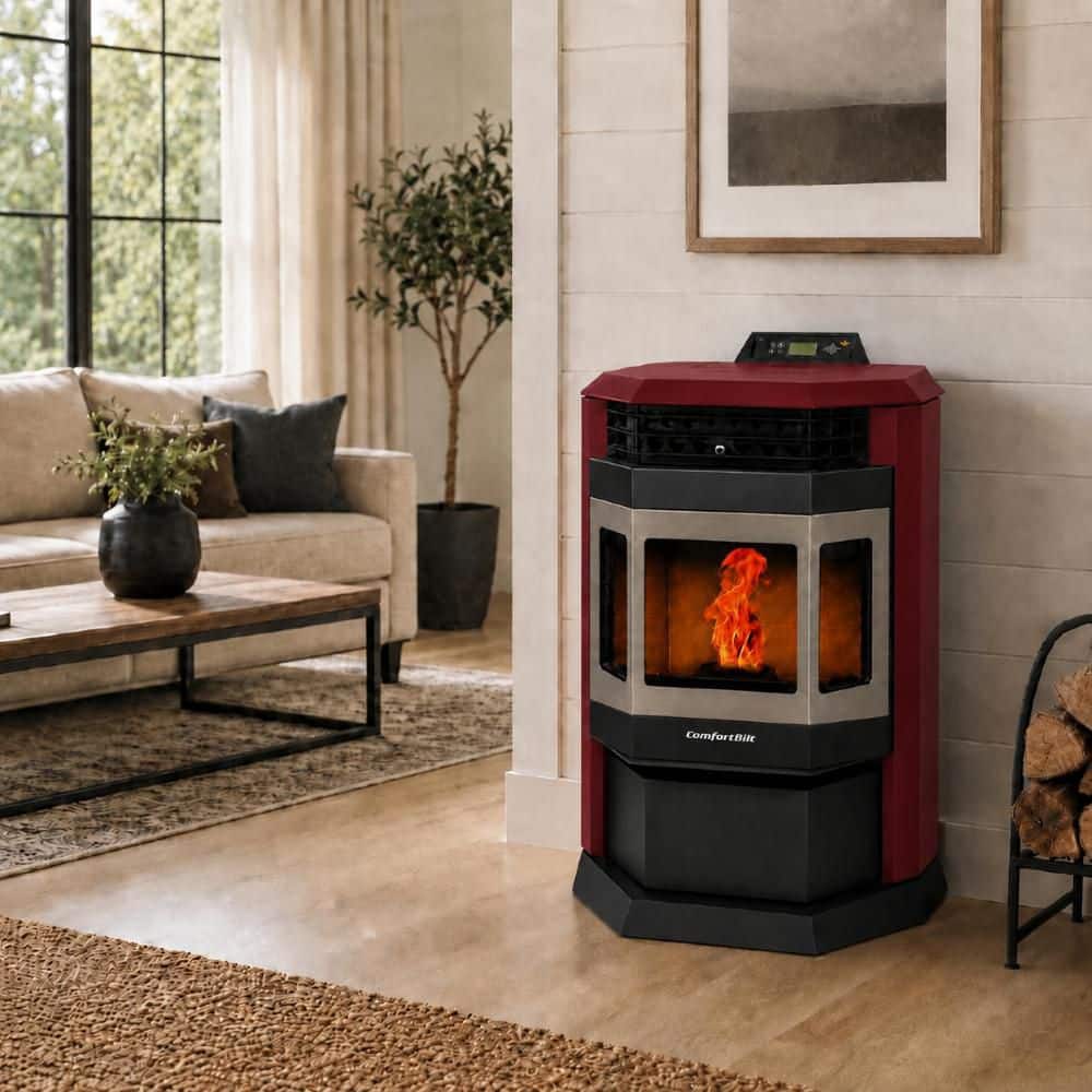 ComfortBilt 2,800 sq. ft. Pellet Stove with 55 lbs. Hopper in Burgundy and Stainless Steel Trim HP22BUss