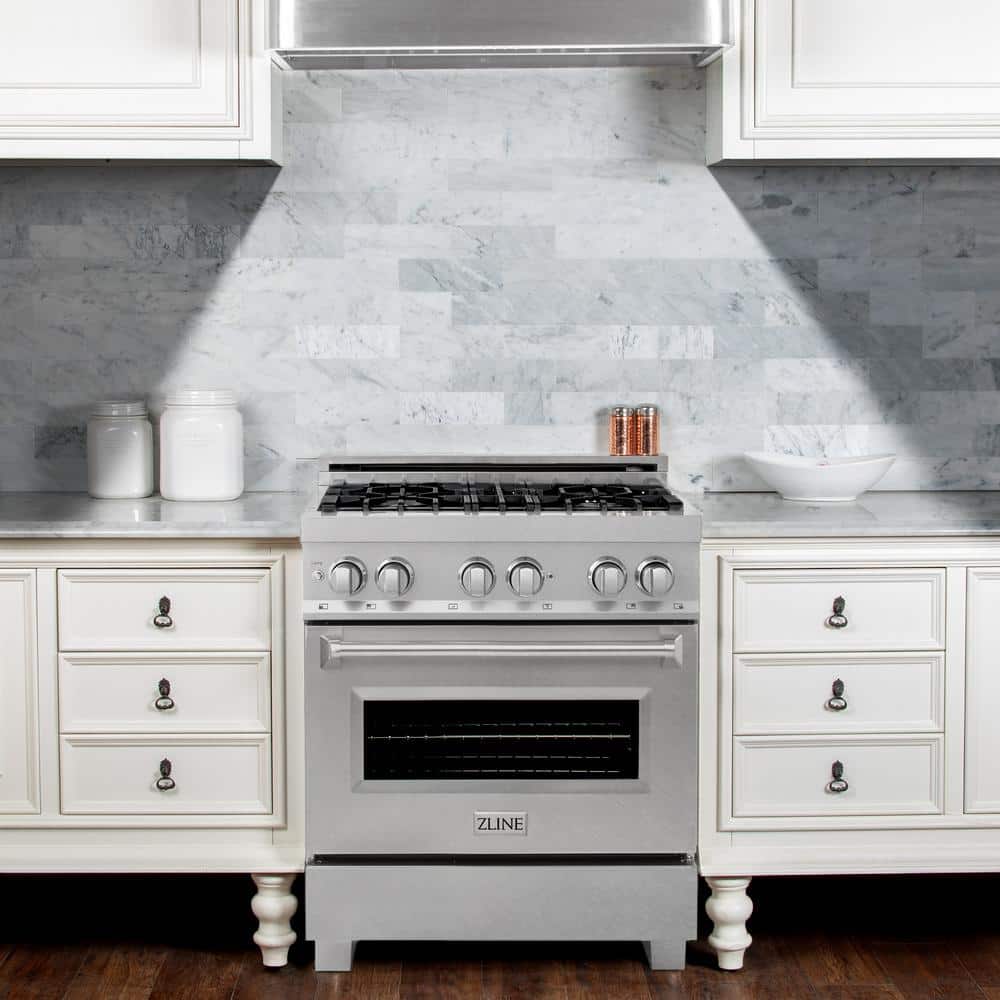 ZLINE Kitchen and Bath 30 in. Legacy Dual Fuel Range with 4 Burner Gas Cooktop and Electric Convection Oven in Satin Stainless Steel RAS-SN-30