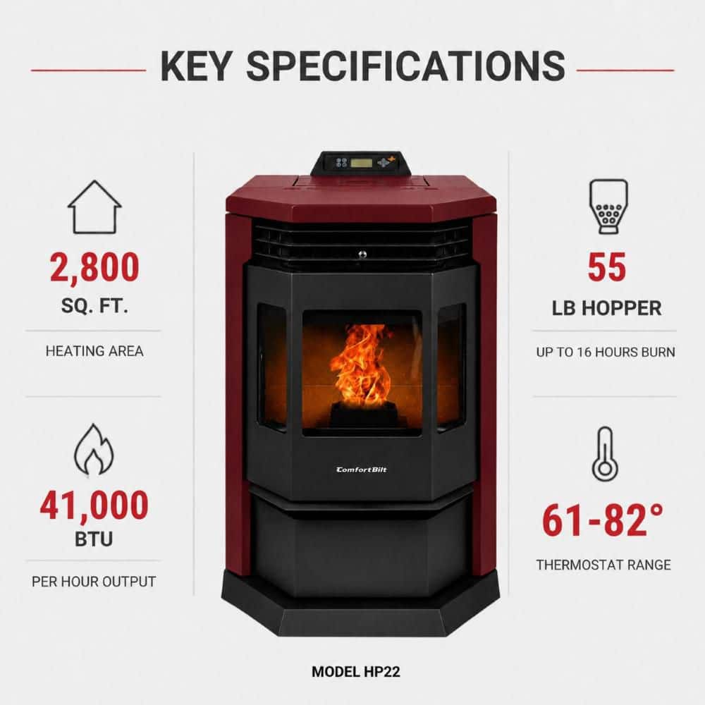 ComfortBilt 2,800 sq. ft. Pellet Stove with 55 lbs. Hopper in Burgundy HP22-Burgundy