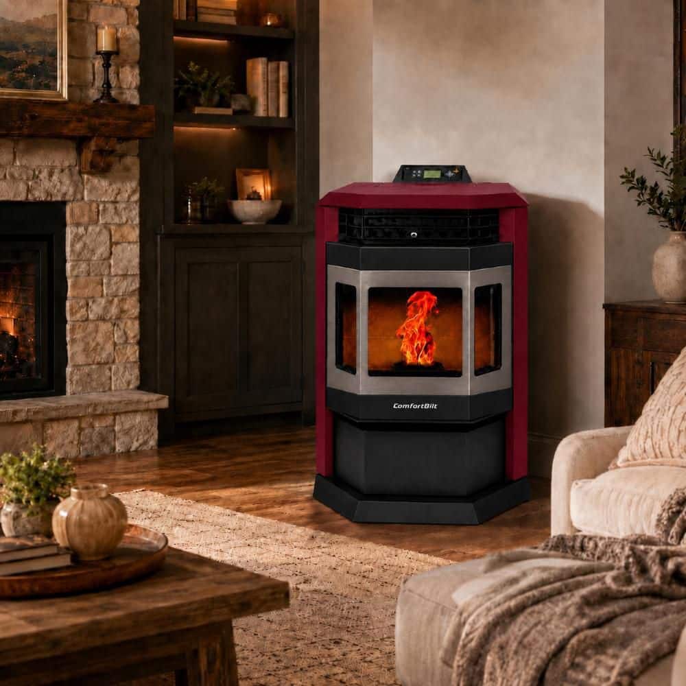 ComfortBilt 2,800 sq. ft. Pellet Stove with 55 lbs. Hopper in Burgundy and Stainless Steel Trim HP22BUss