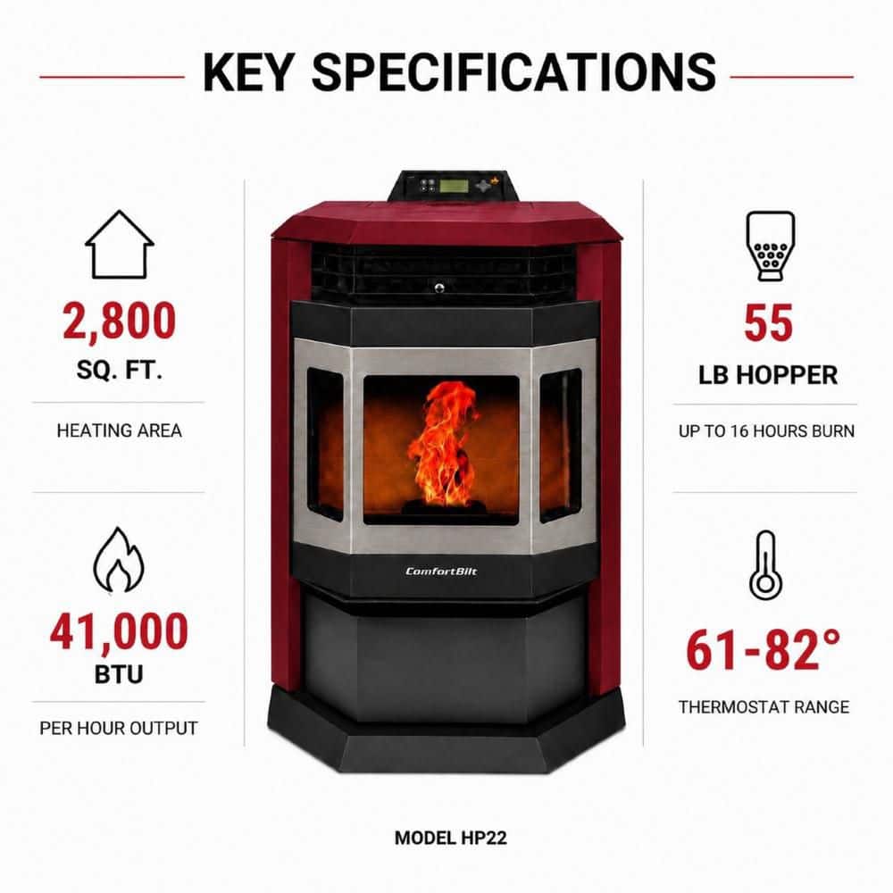 ComfortBilt 2,800 sq. ft. Pellet Stove with 55 lbs. Hopper in Burgundy and Stainless Steel Trim HP22BUss