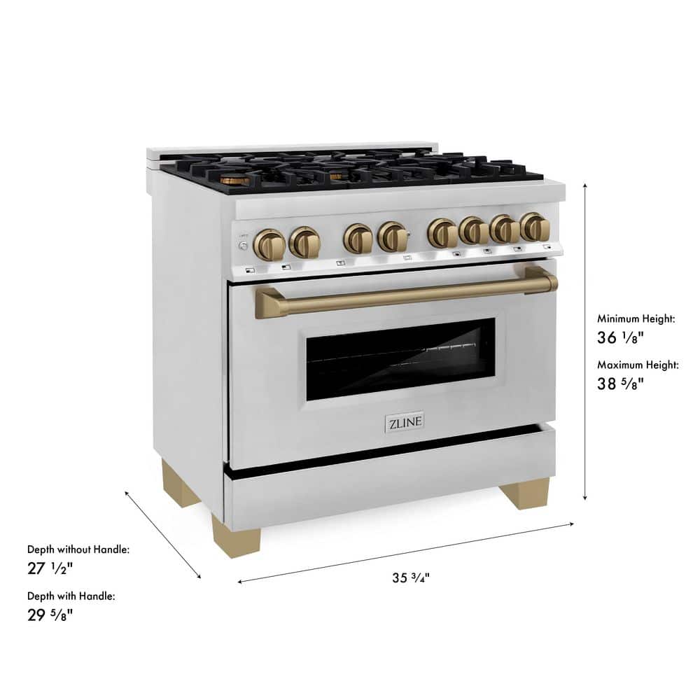 ZLINE Kitchen and Bath Autograph Edition 36 in. 6 Burner Dual Fuel Range in Stainless Steel and Champagne Bronze RAZ-36-CB