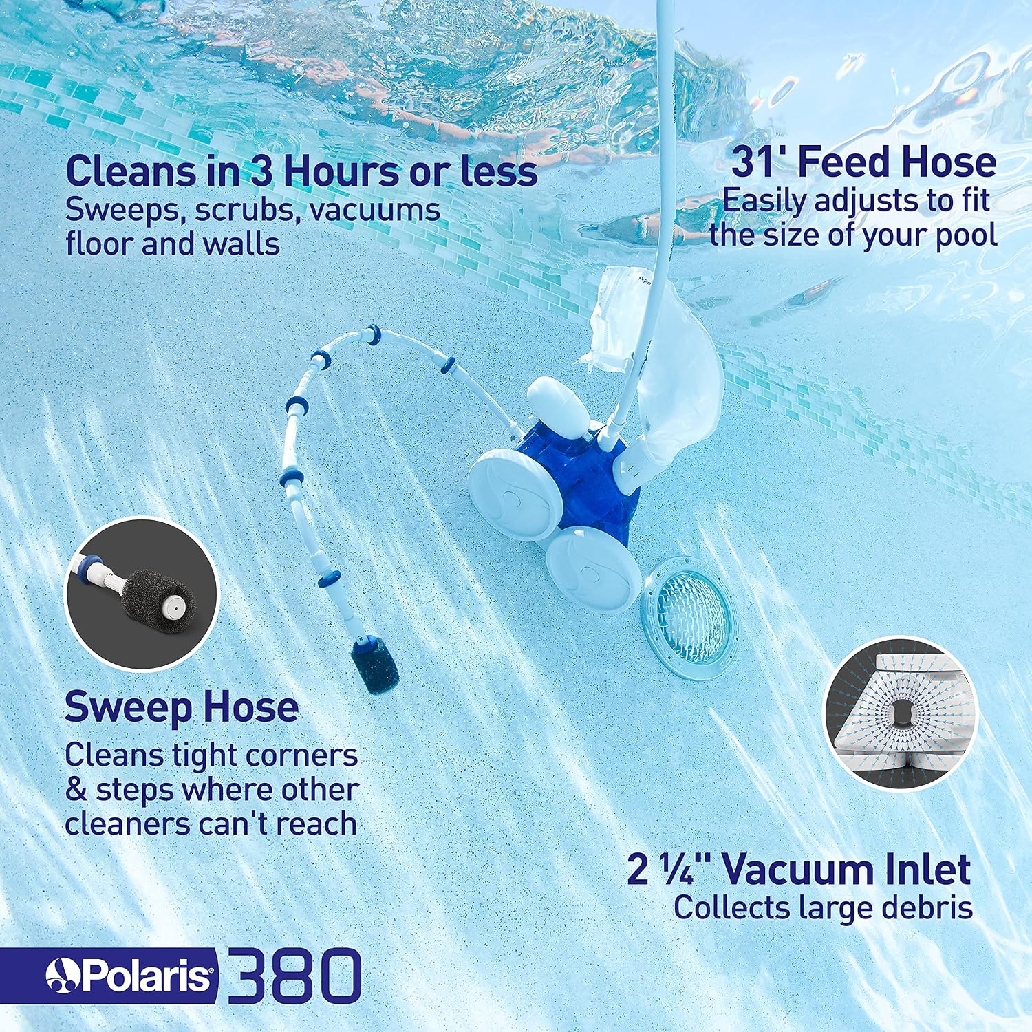 Polaris Vac-Sweep 380 Pressure Side Pool Cleaner, Triple Jet Powered