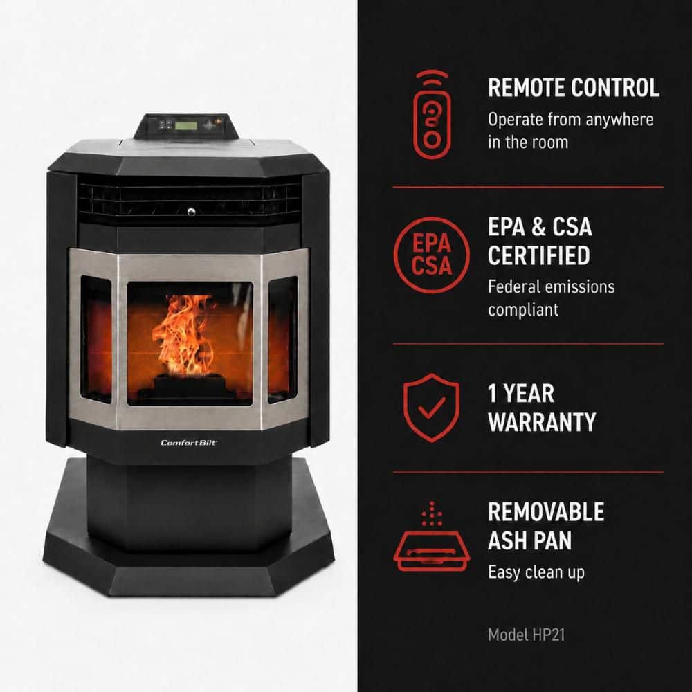ComfortBilt 2,400 sq. ft. Pellet Stove with 40 lbs. Hopper in Black with Stainless Steel Trim HP21-SS