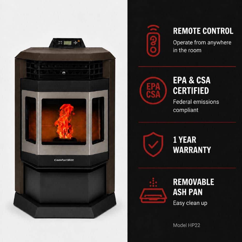 ComfortBilt 2,800 sq. ft. Pellet Stove with 55 lbs. Hopper in Bronze and Stainless Steel Trim HP22SS-Brown