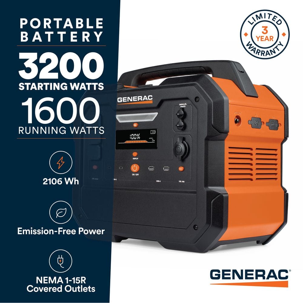 Generac 1600W Output / 3200 Peak 2106Wh Portable Battery Power Station with Push Button Start and Solar Charging - GB2000 8026