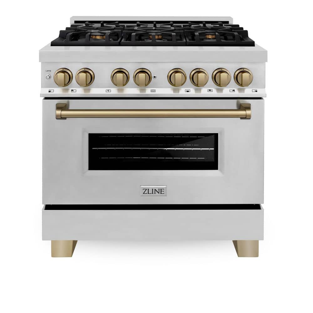 ZLINE Kitchen and Bath Autograph Edition 36 in. 6 Burner Dual Fuel Range in Stainless Steel and Champagne Bronze RAZ-36-CB