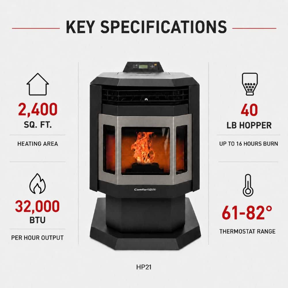 ComfortBilt 2,400 sq. ft. Pellet Stove with 40 lbs. Hopper in Black with Stainless Steel Trim HP21-SS