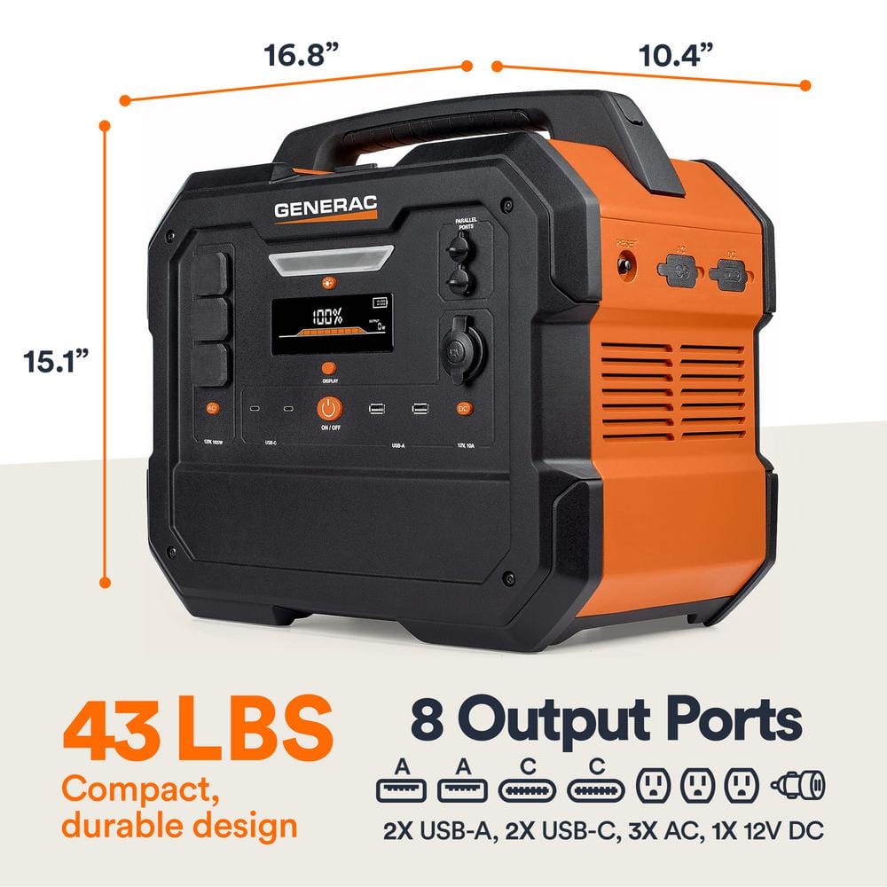 Generac 1600W Output / 3200 Peak 2106Wh Portable Battery Power Station with Push Button Start and Solar Charging - GB2000 8026