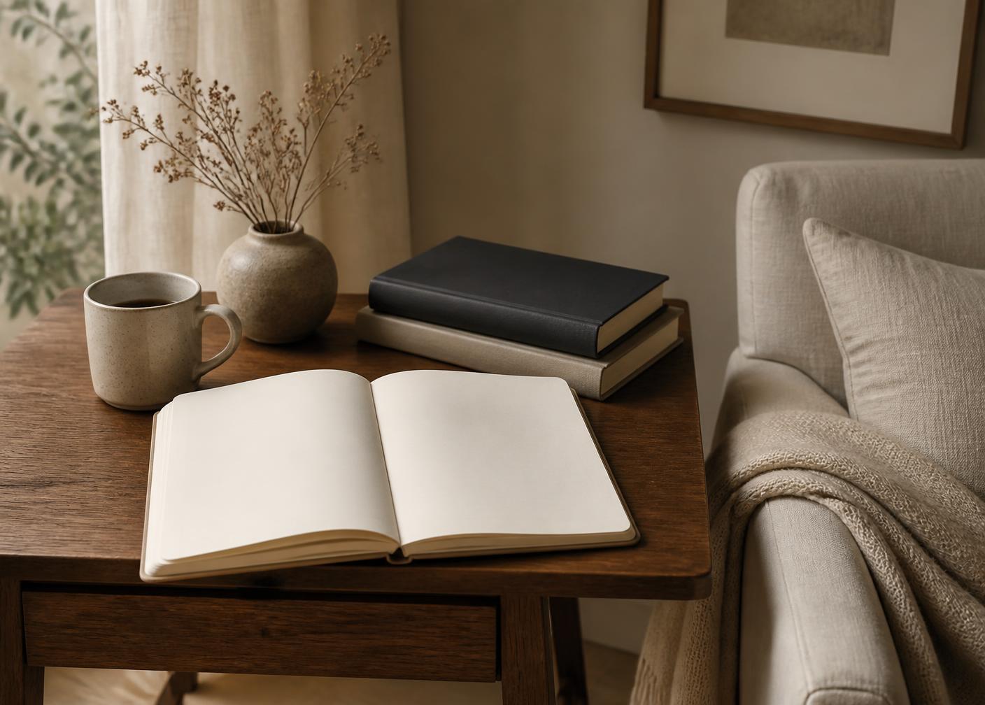 Books and an open notebook on a wooden table in daylight